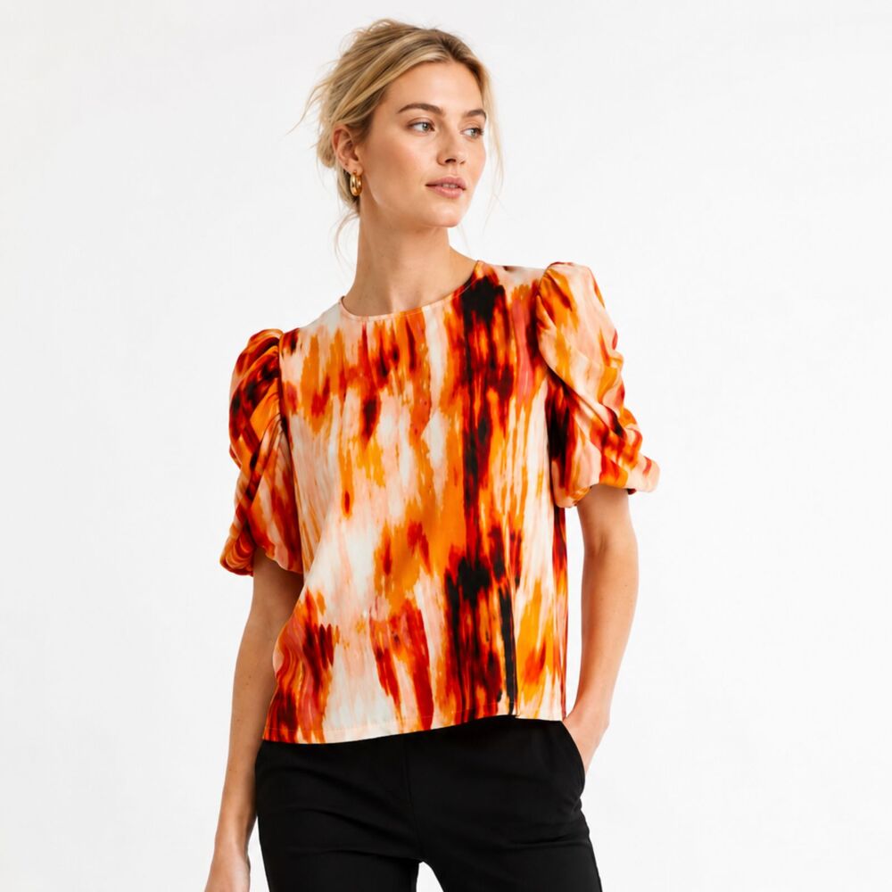 DKNY Smudge Print Puff Sleeve Orange Pink Abstract Quiet Luxury Top NEW M